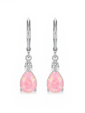 S925 Sterling Silver Pink Fire Opal Teardrop Earrings.